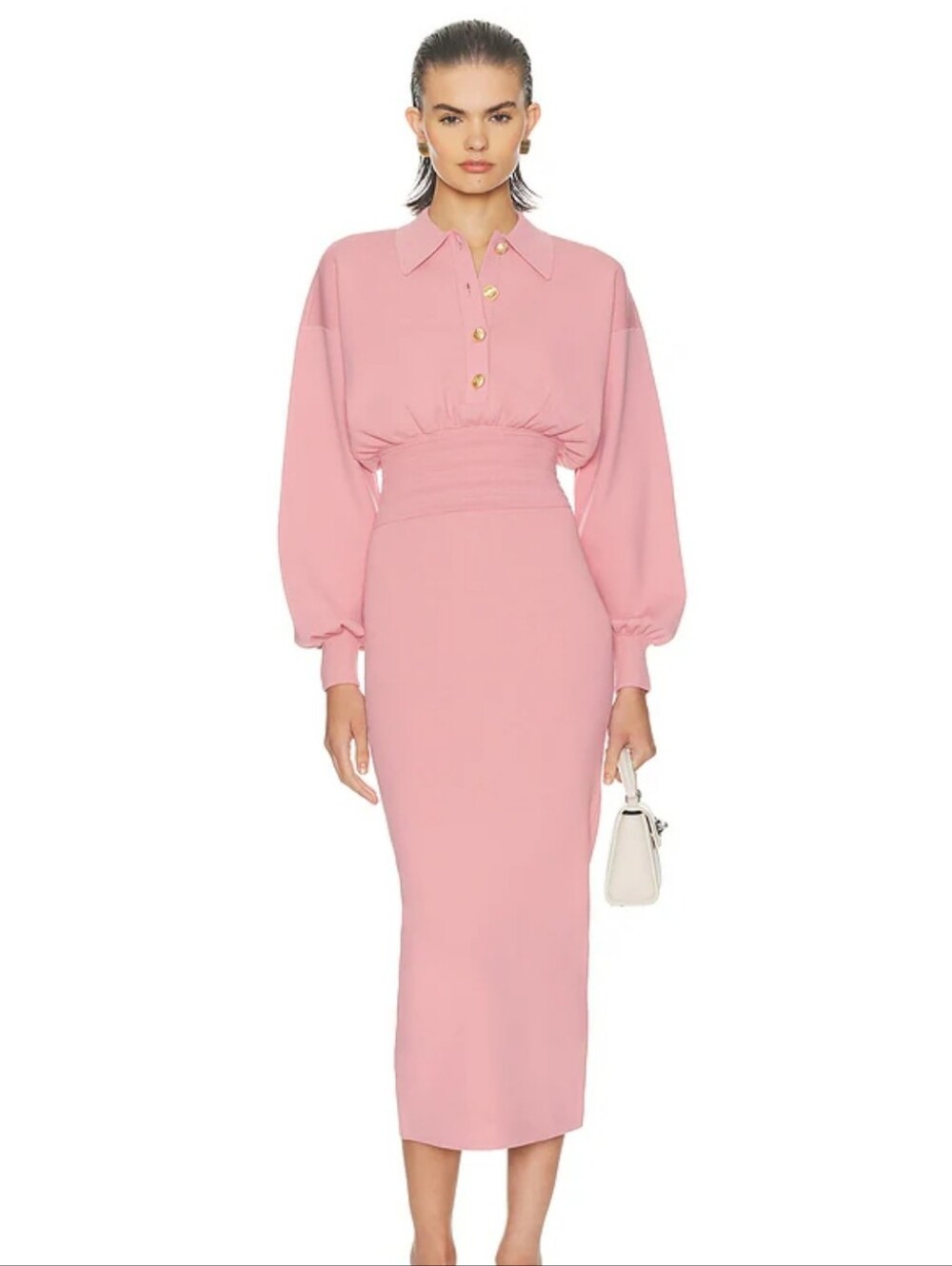 Elegant Commense Pink Button-Front Midi Dress